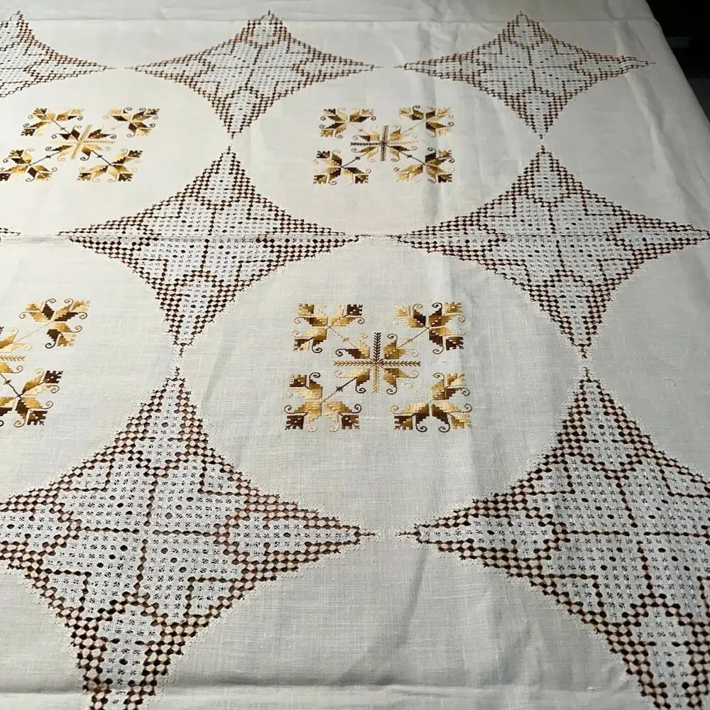 Vintage Hand-Stitched Irish Linen Tablecloth Cream Gold 63